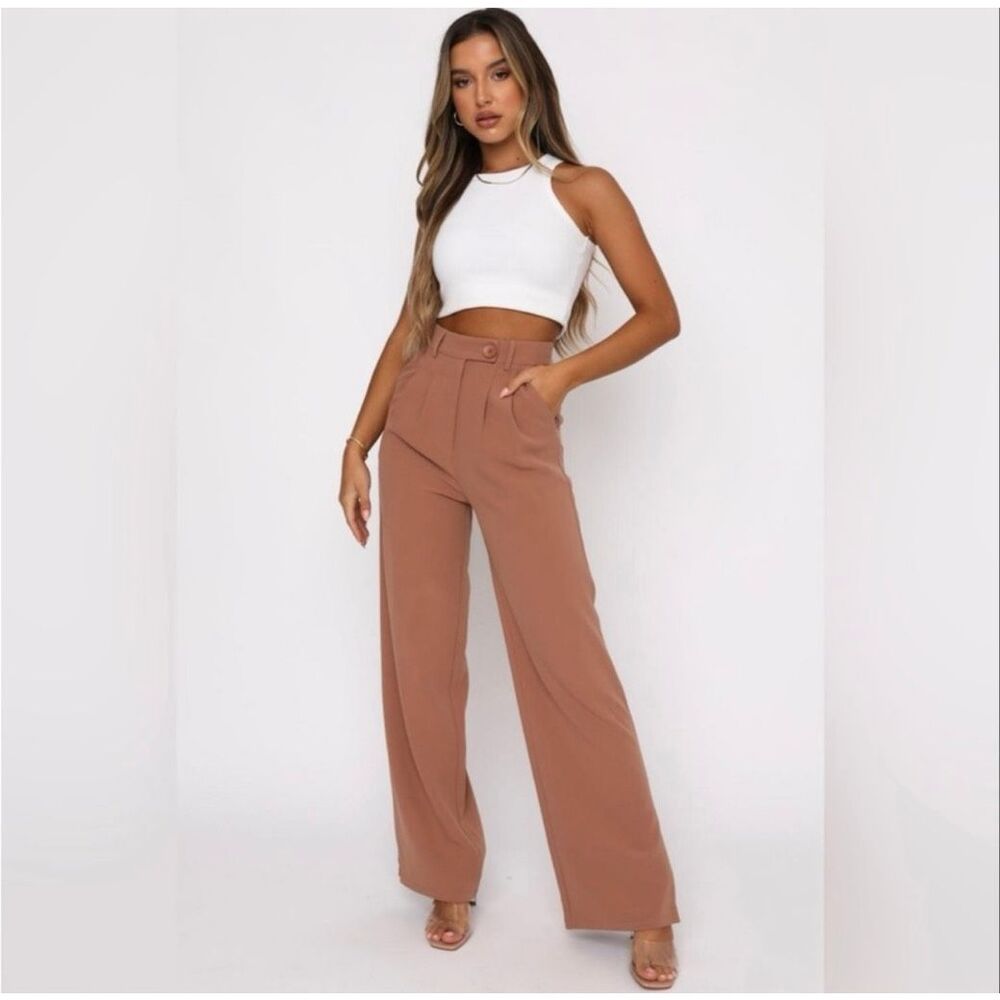 White Fox Boutique Press Pause Pant Terracotta Brown Wide Leg Trousers Pleated S